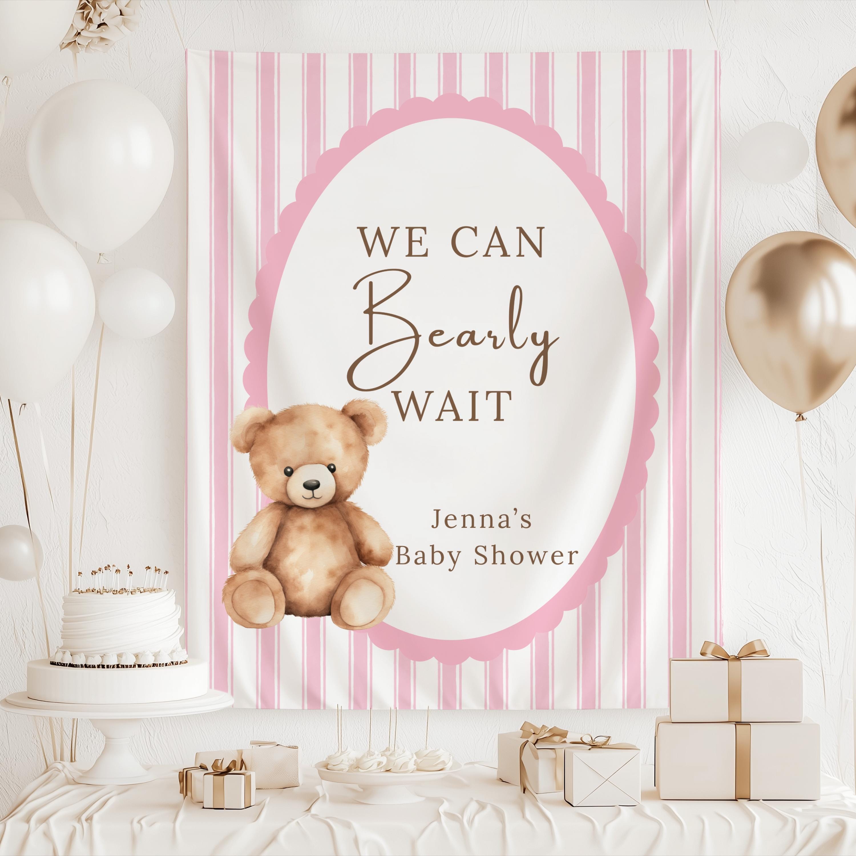 Personalized We Can Bearly Wait baby shower banner with teddy bear illustration and pink striped background