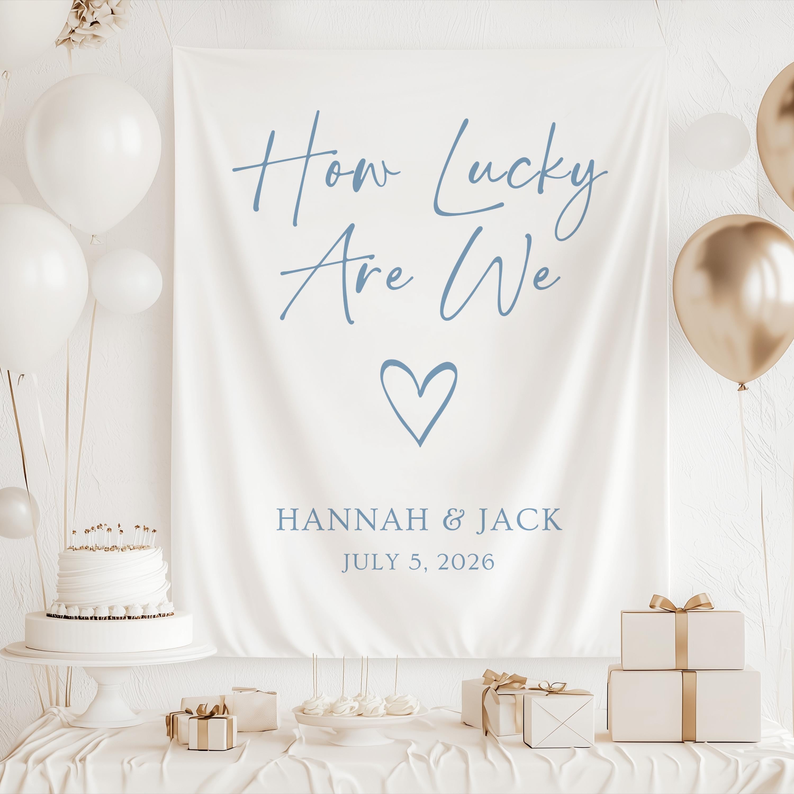Modern wedding reception backdrop featuring How Lucky Are We script and heart design