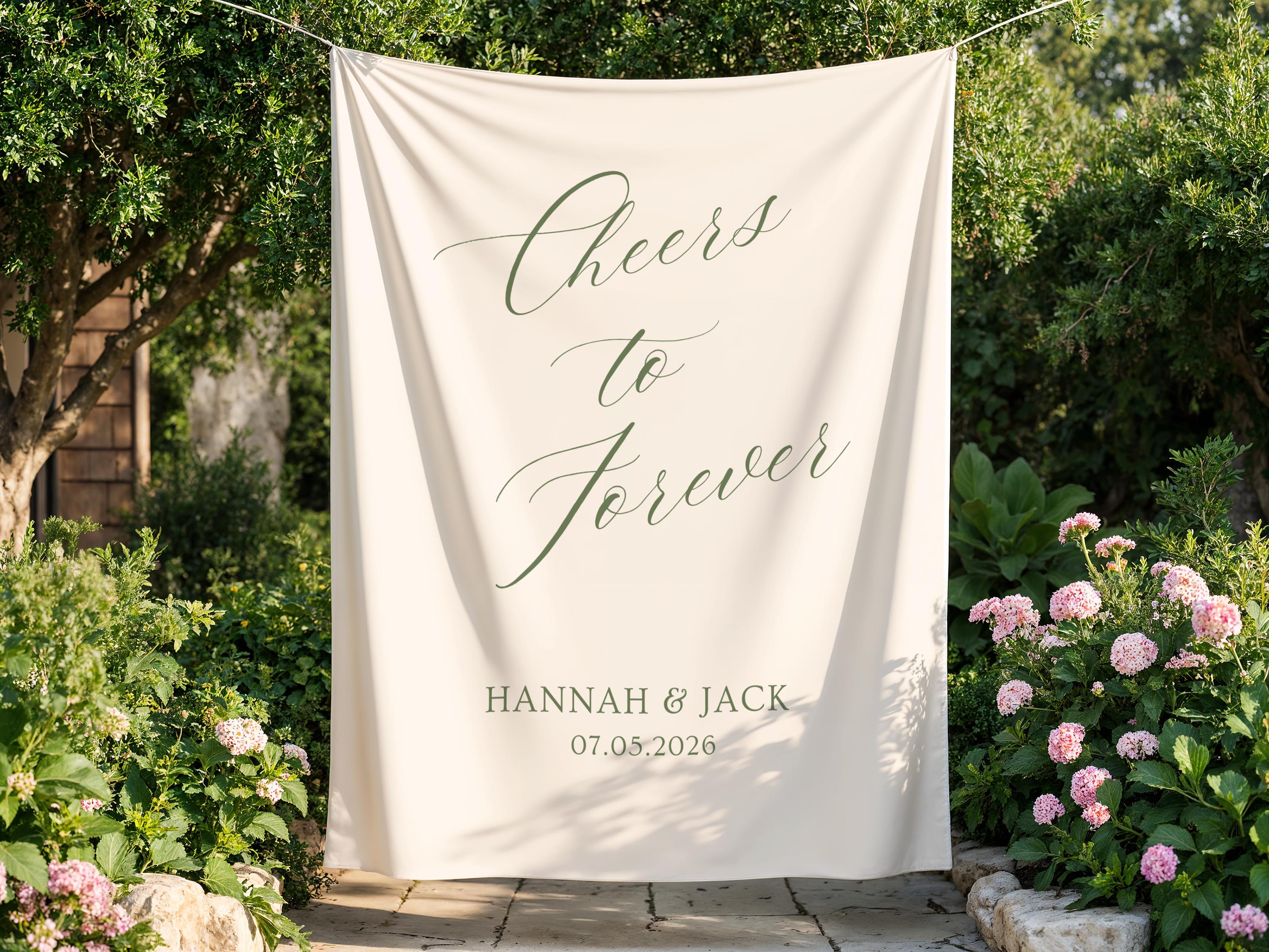 Custom wedding reception tapestry personalized with couple names wedding date and elegant script design