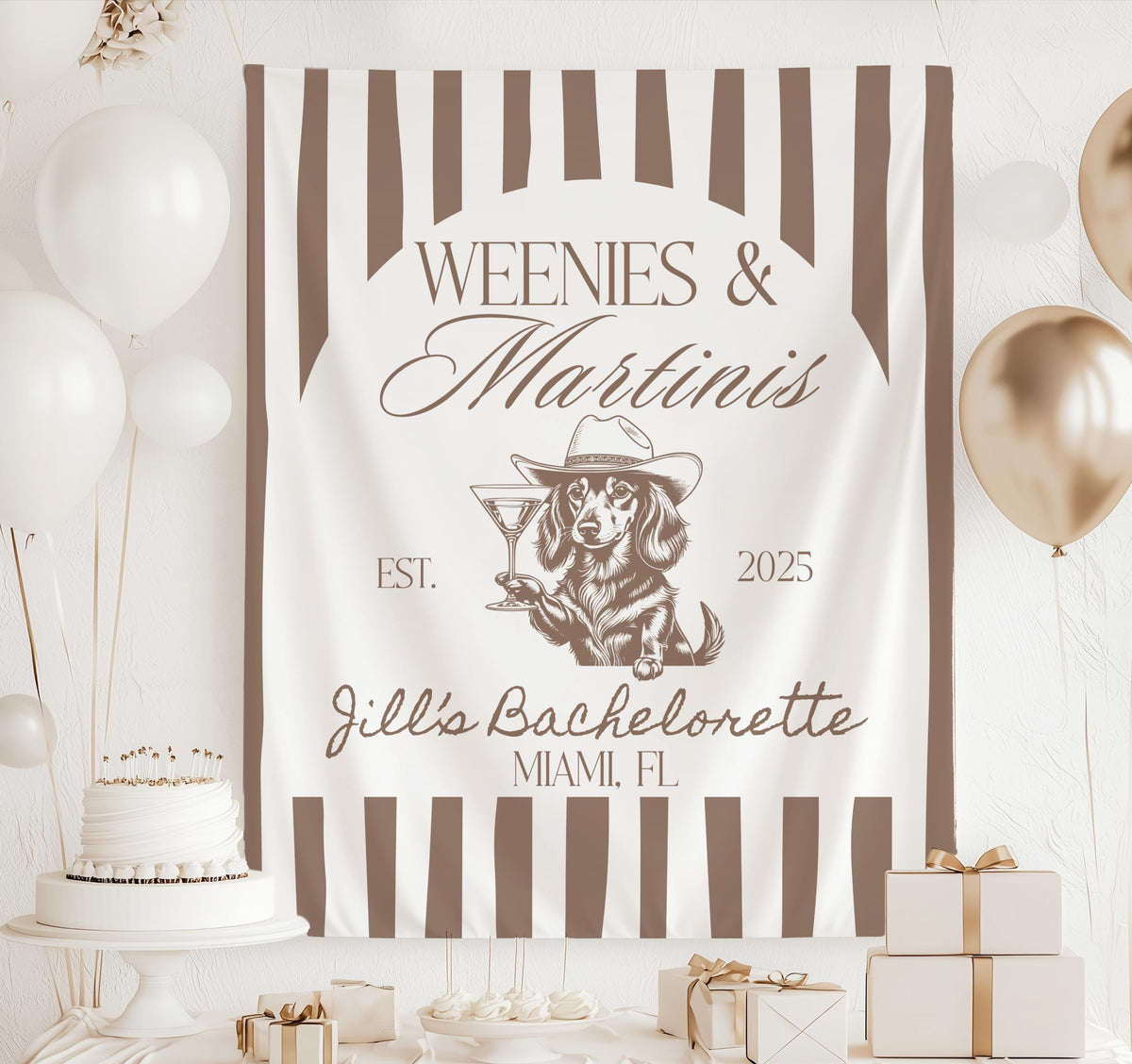 Custom Weenies and Martinis banner for a dachshund themed bachelorette party