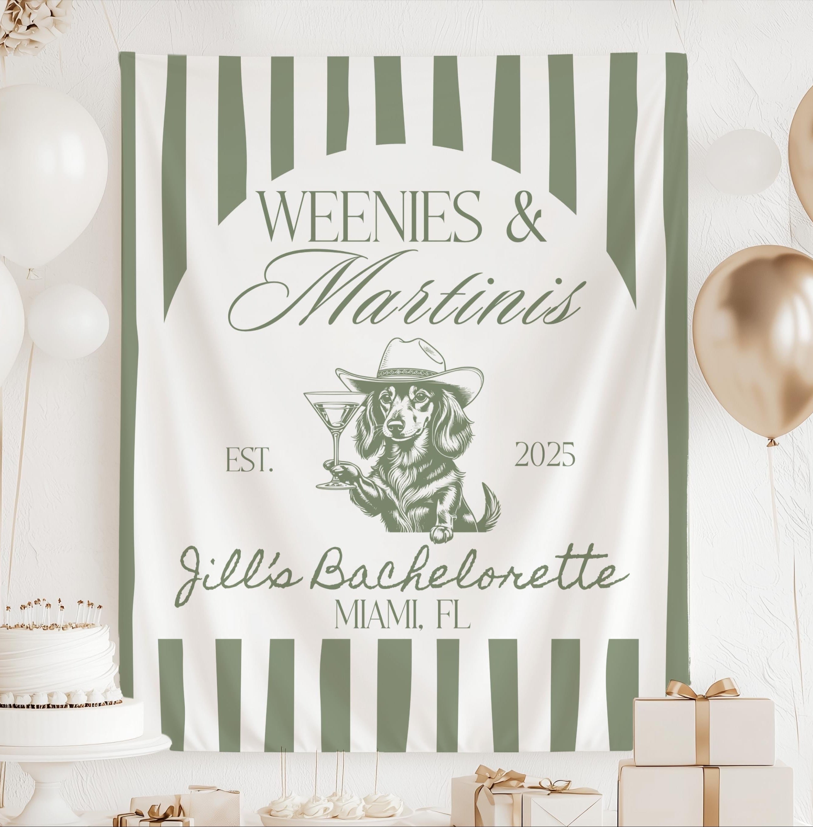 Personalized Weenies and Martinis bachelorette banner with dachshund cowboy holding a martini
