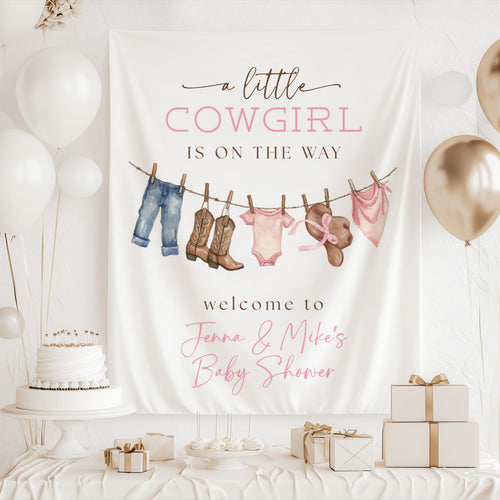 Personalized western baby shower banner for a baby boy with cowboy themed decorations