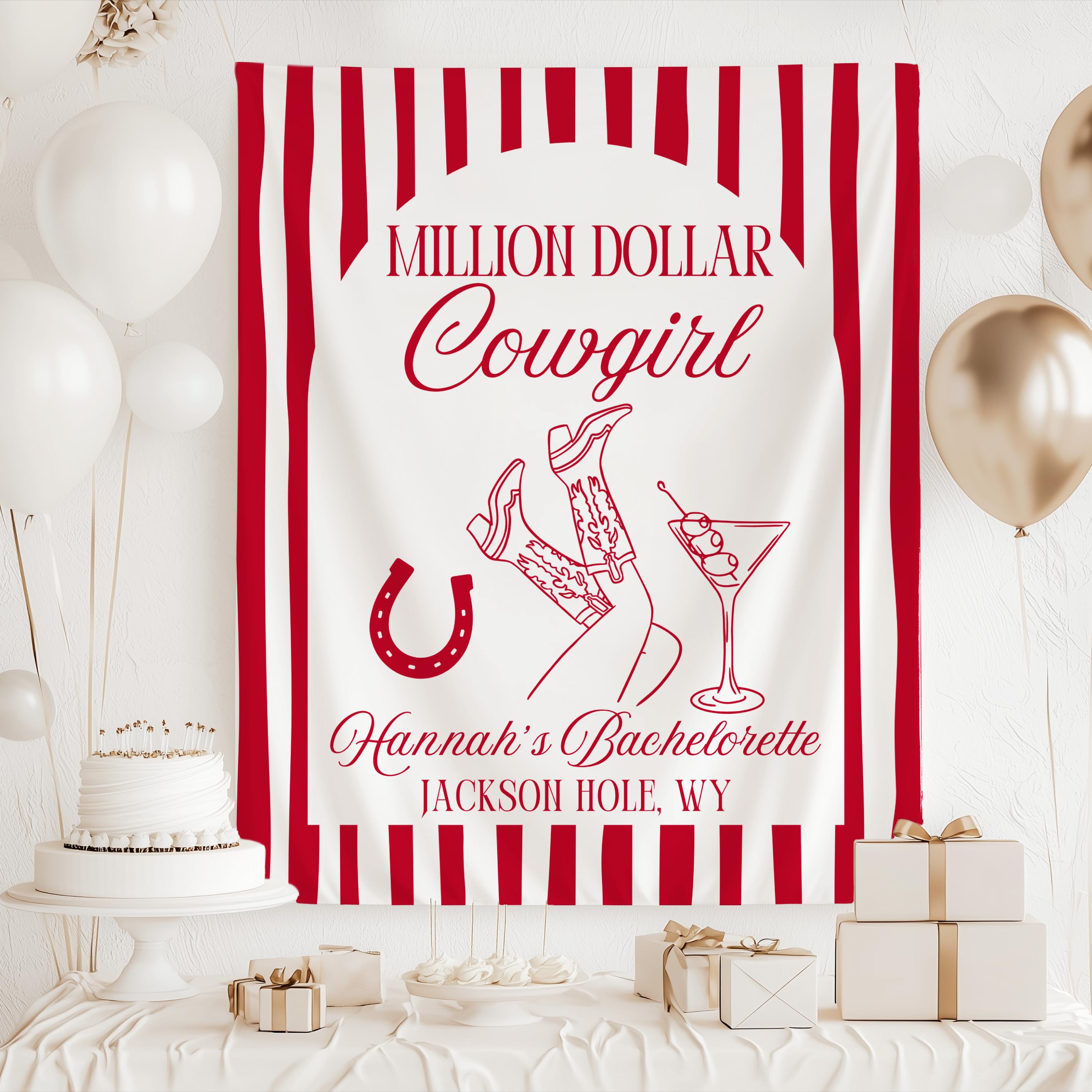 Personalized western bachelorette banner featuring cowboy boots, martini artwork, and classic western-inspired party decor.
