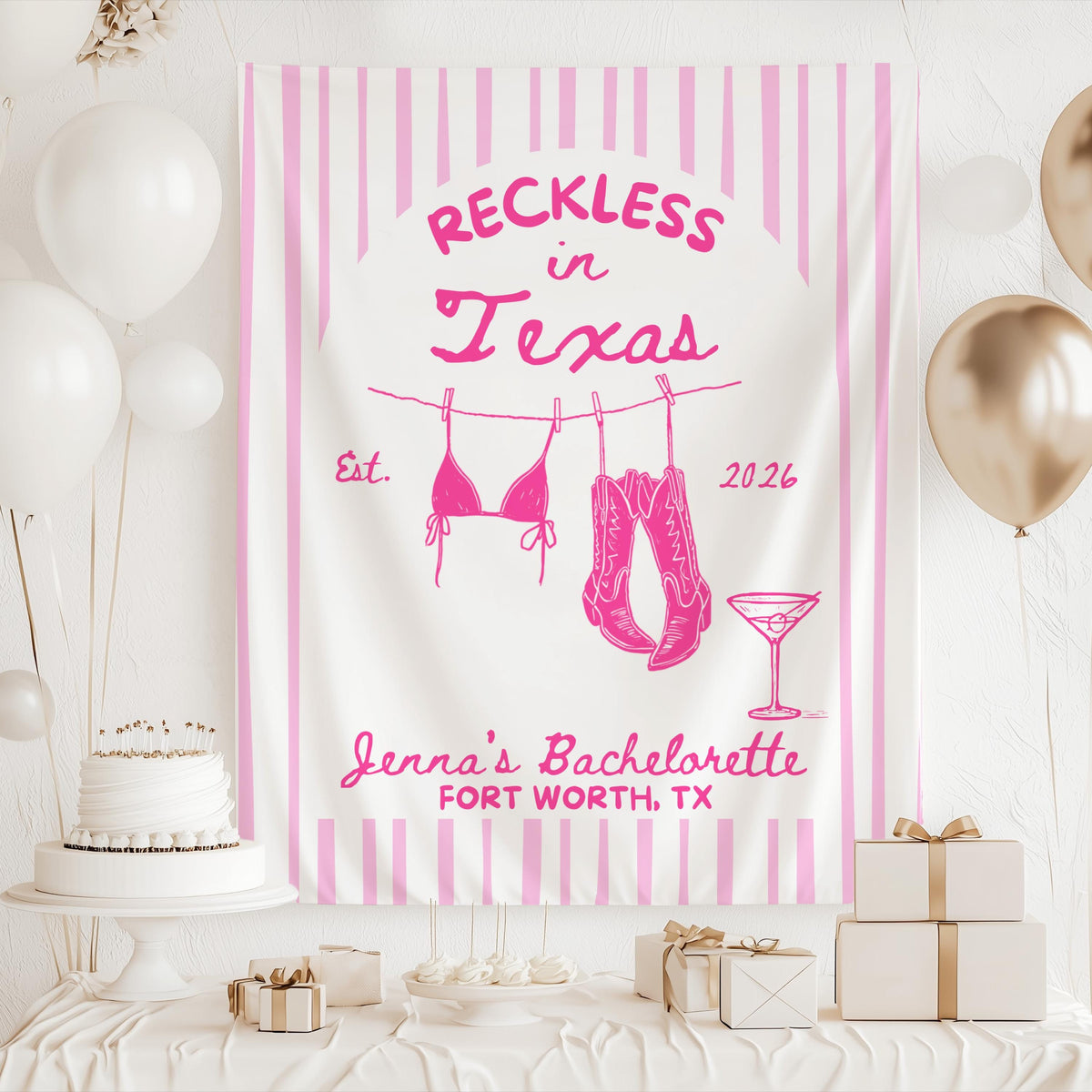 Custom western bachelorette banner with cowboy boots bikini and martini illustration