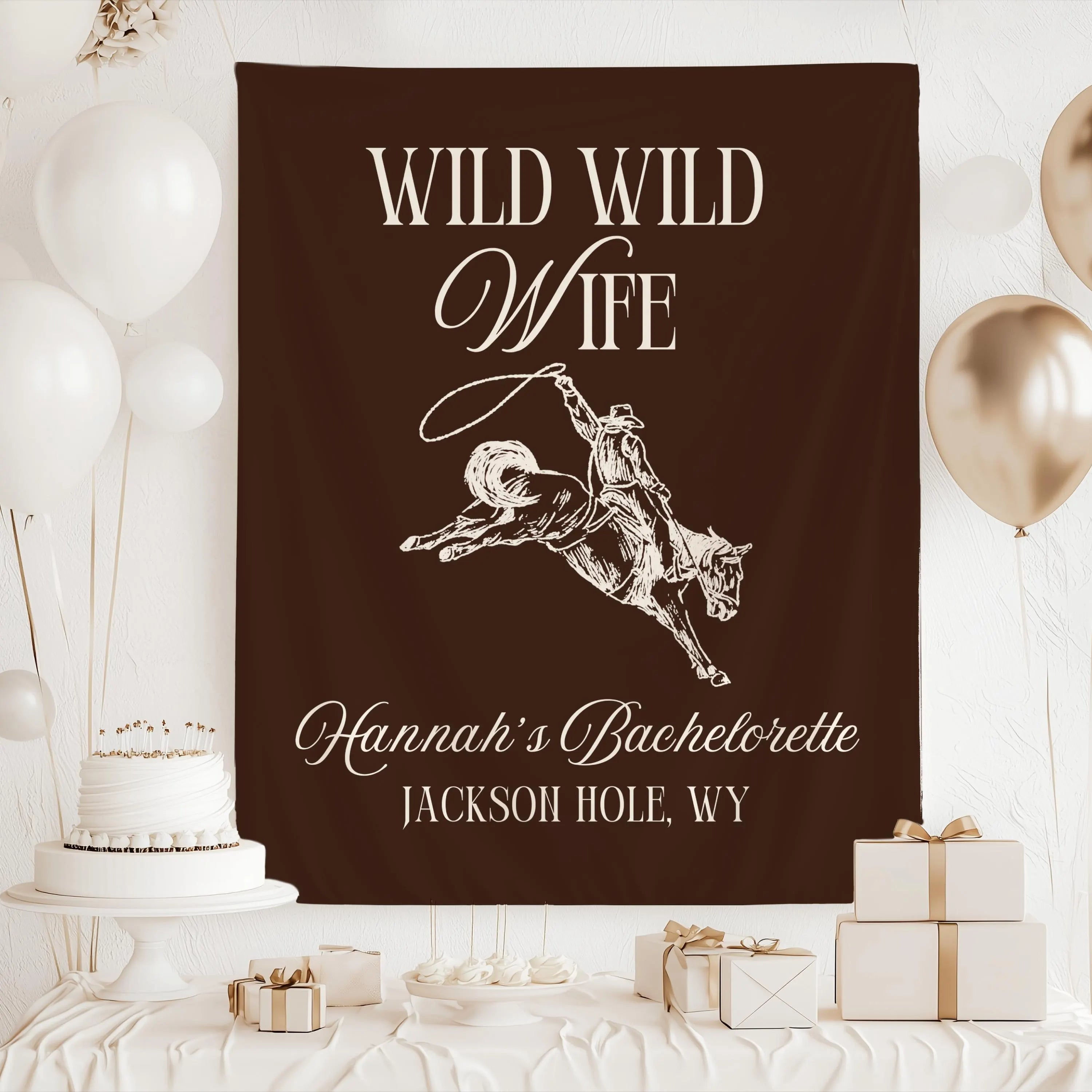 Personalized western bachelorette banner featuring a bucking horse illustration and elegant cowboy inspired design.