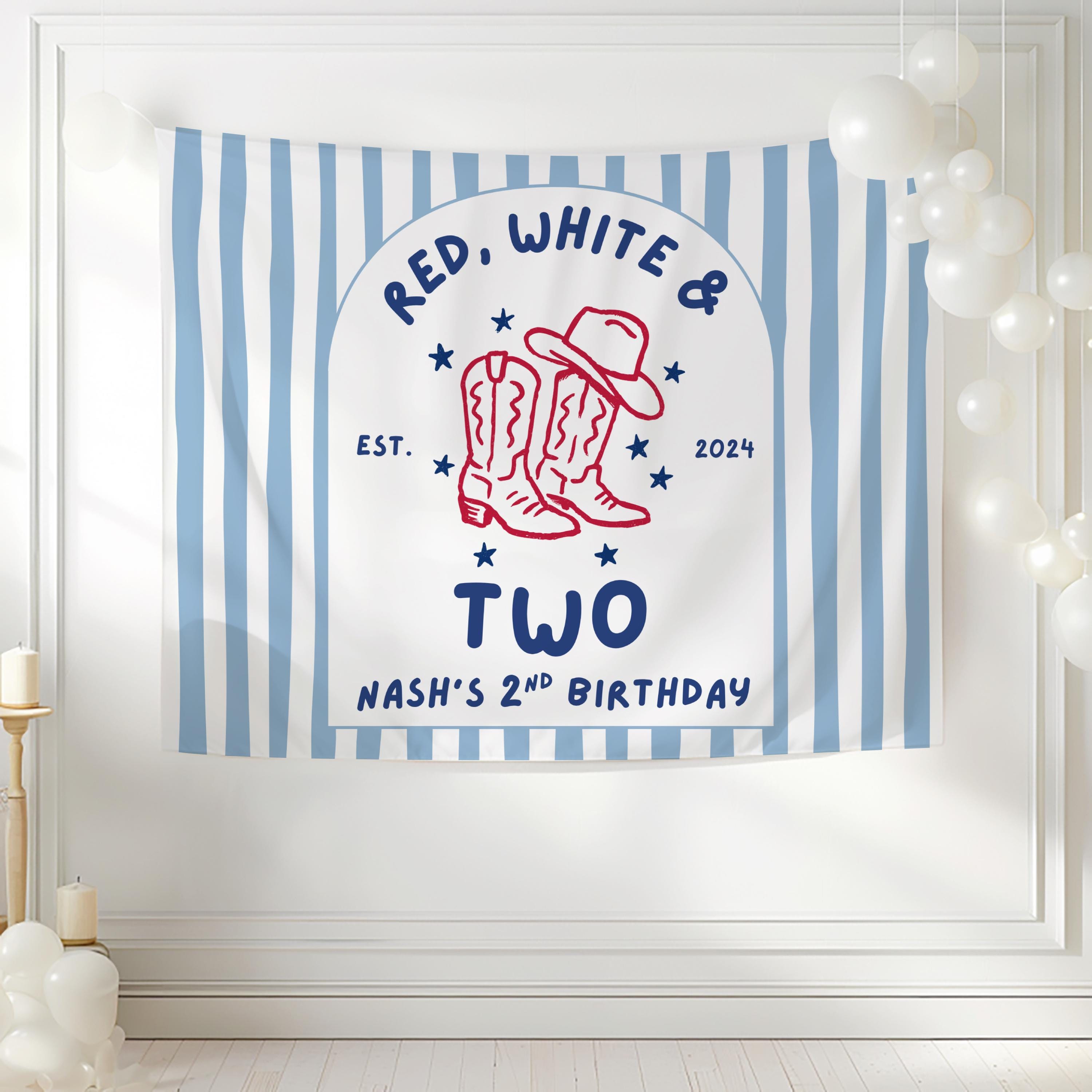 Western cake smash banner for a second birthday celebration featuring cowboy boots and patriotic details
