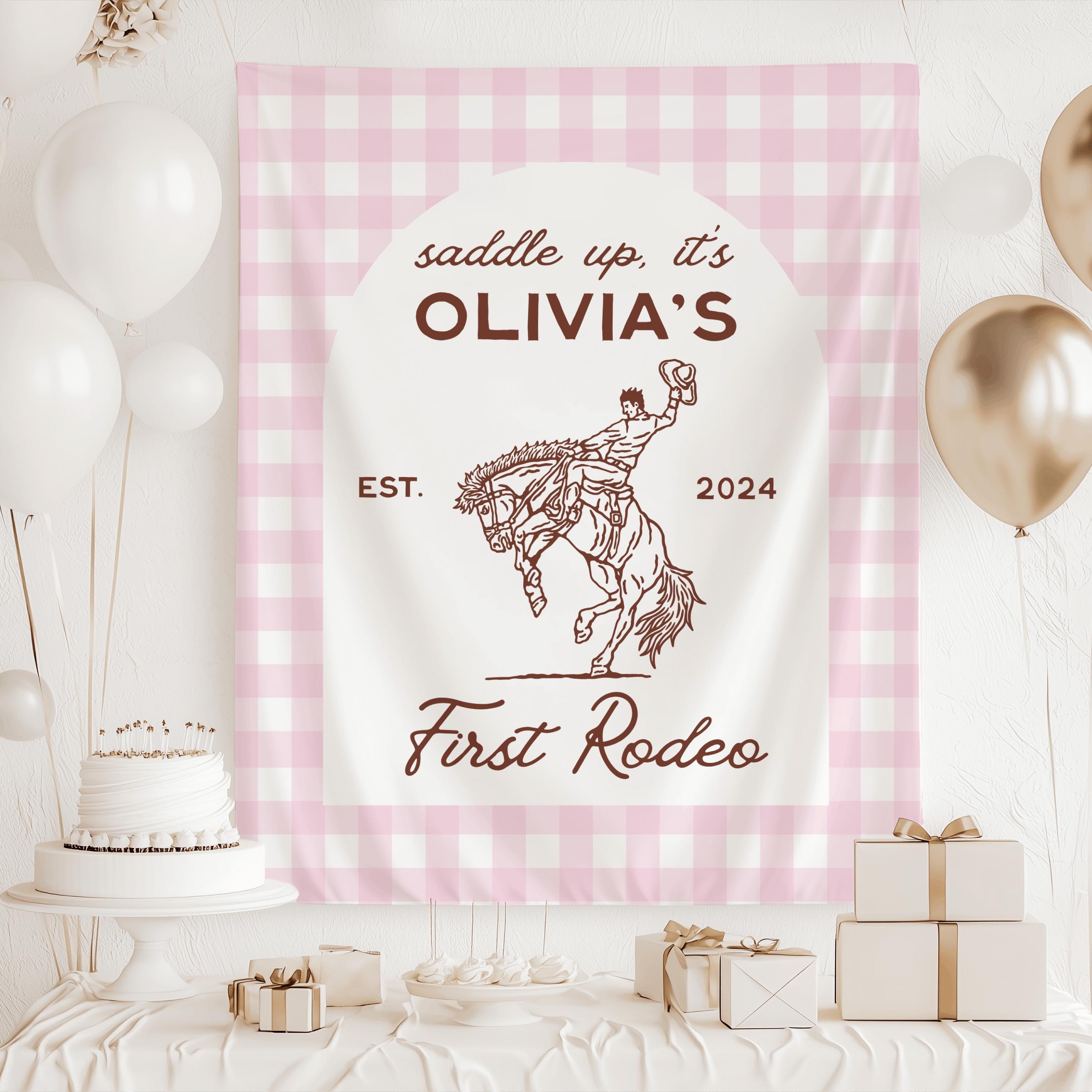 Custom western birthday banner for a First Rodeo birthday celebration with cowboy