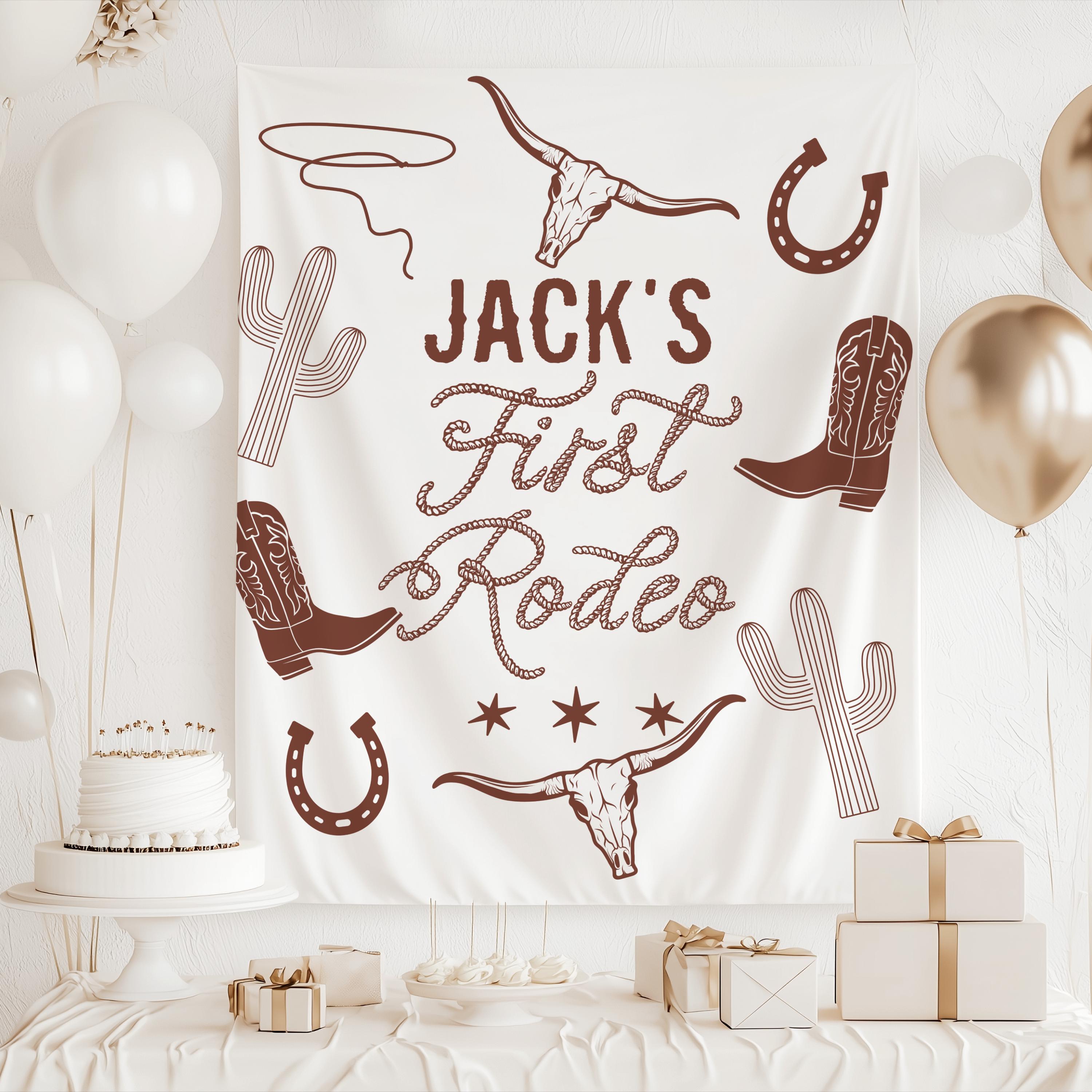 First Rodeo birthday backdrop personalized with a child's name for a western first birthday

