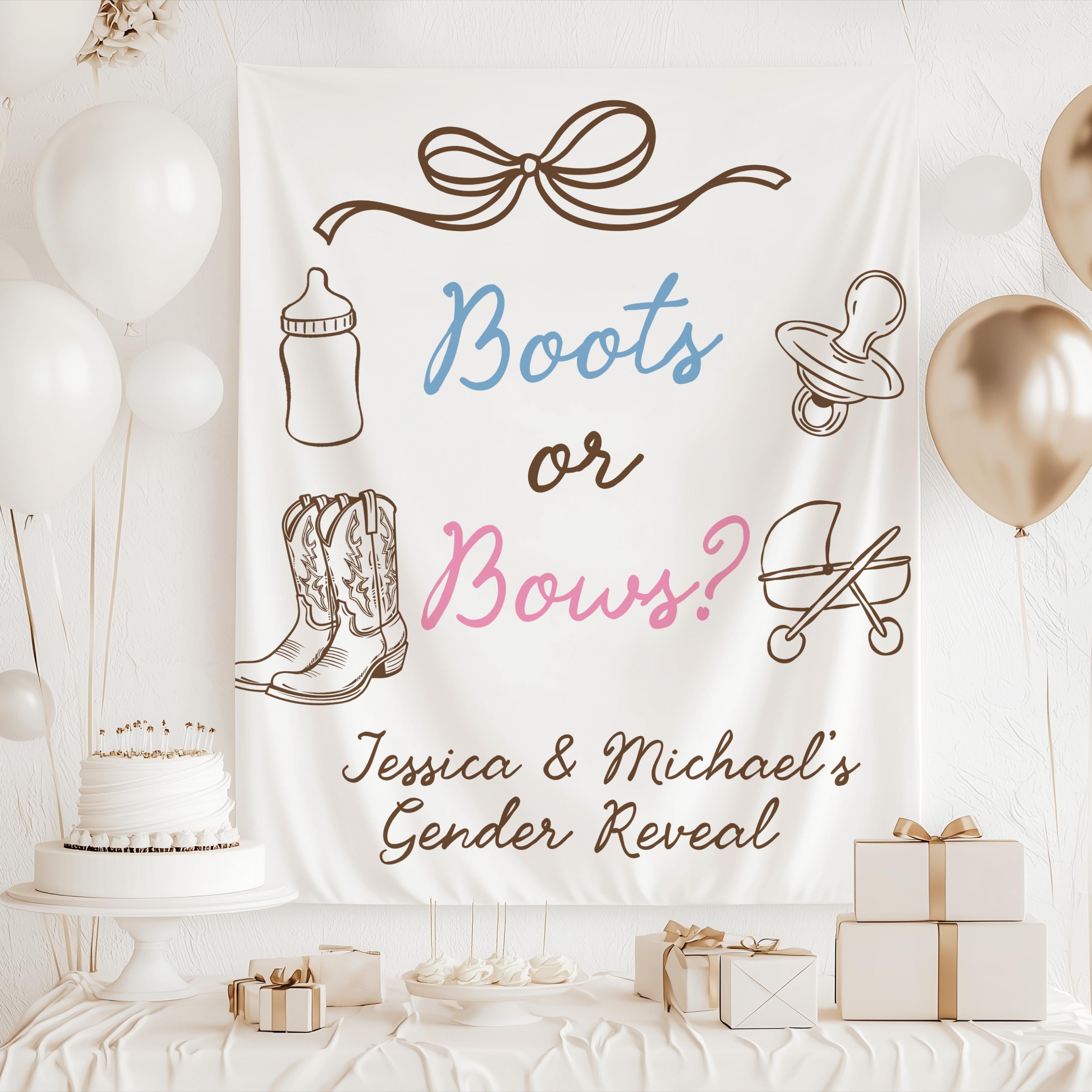 Custom Boots or Bows gender reveal backdrop personalized with parents' names for a western baby shower