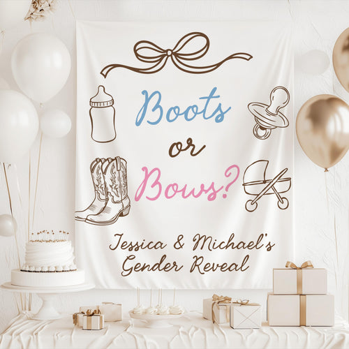 Custom Boots or Bows gender reveal backdrop personalized with parents' names for a western baby shower