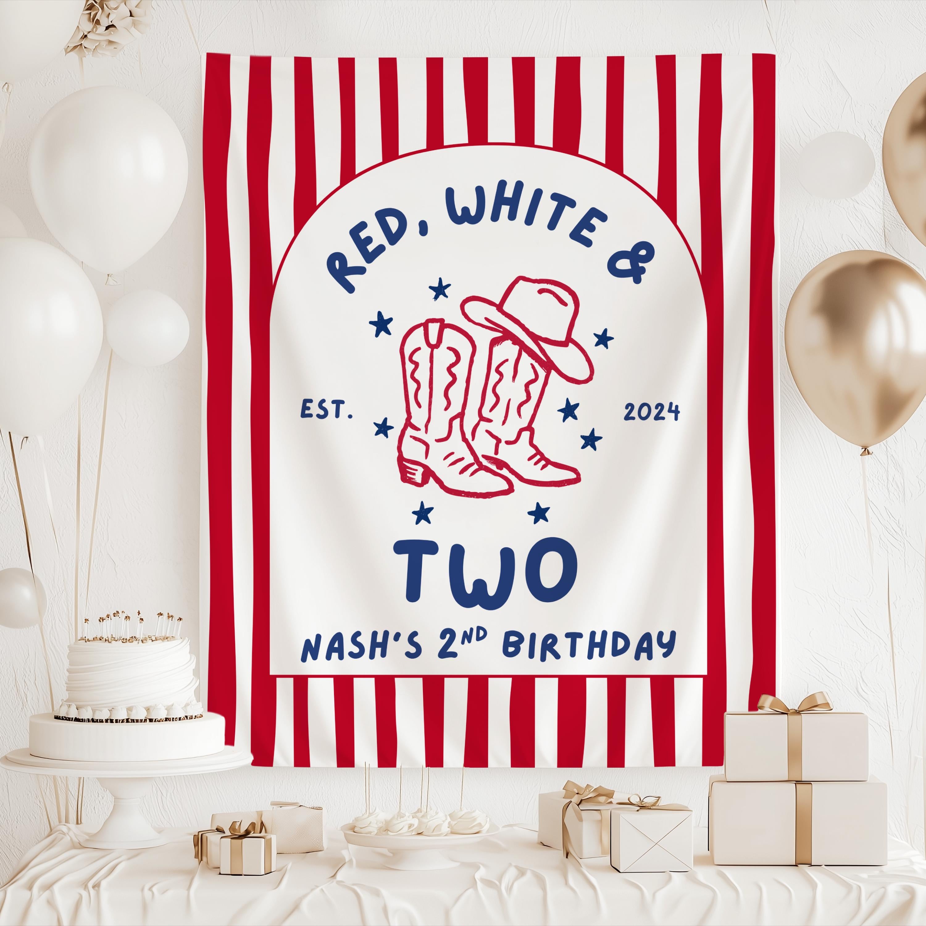 Western second birthday banner with cowboy boots, cowboy hat, and patriotic red white blue artwork available in multiple colors