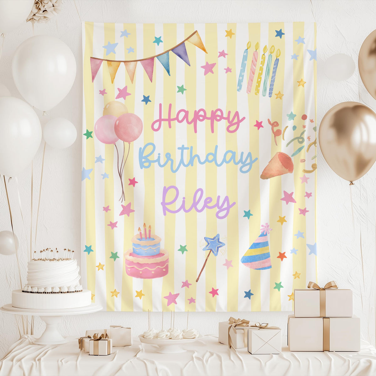 Custom whimsical birthday backdrop featuring balloons cake candles stars and festive party illustrations
