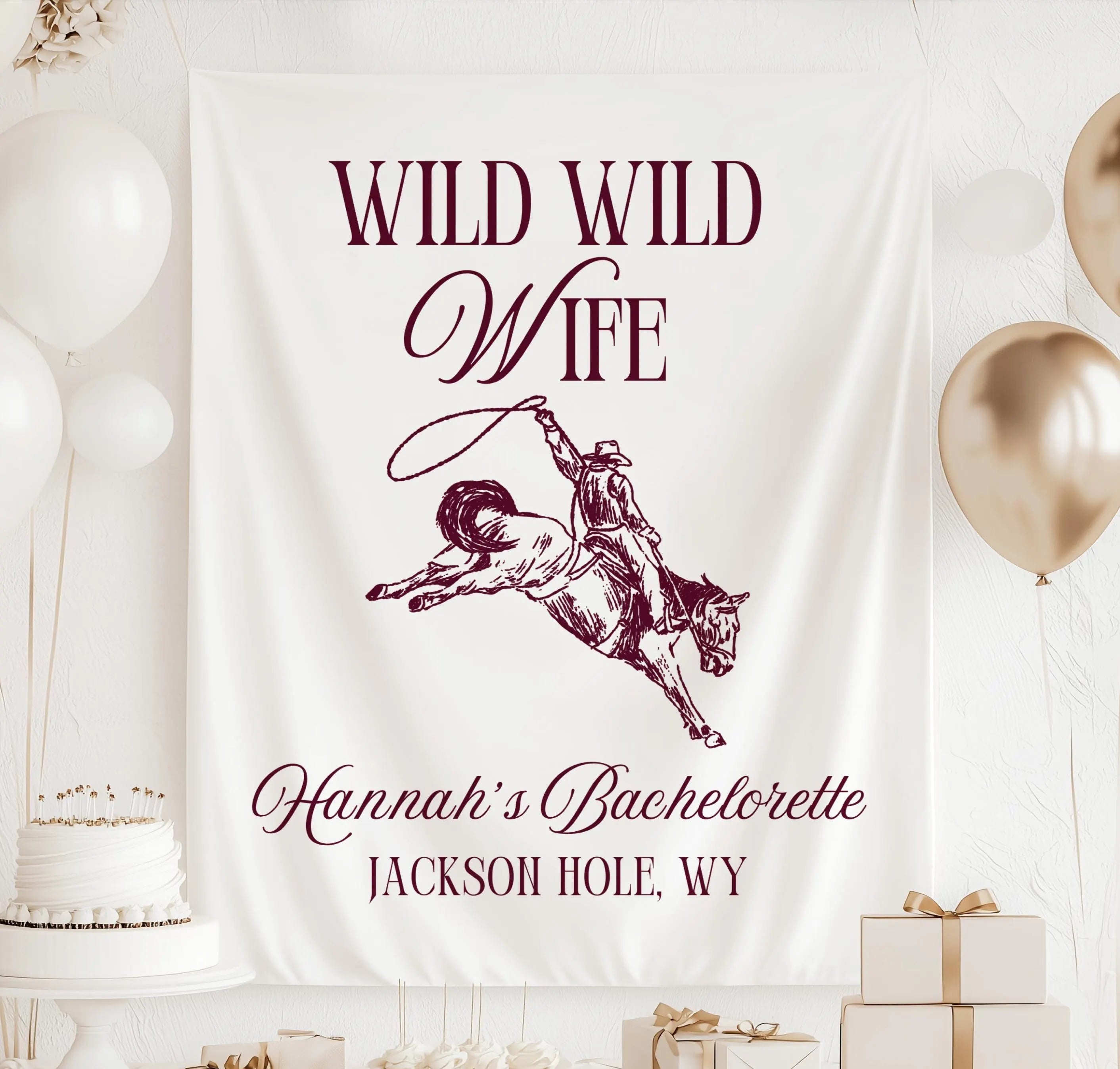 Custom Wild Wild Wife bachelorette backdrop personalized with the bride's name and destination for a western themed celebration.