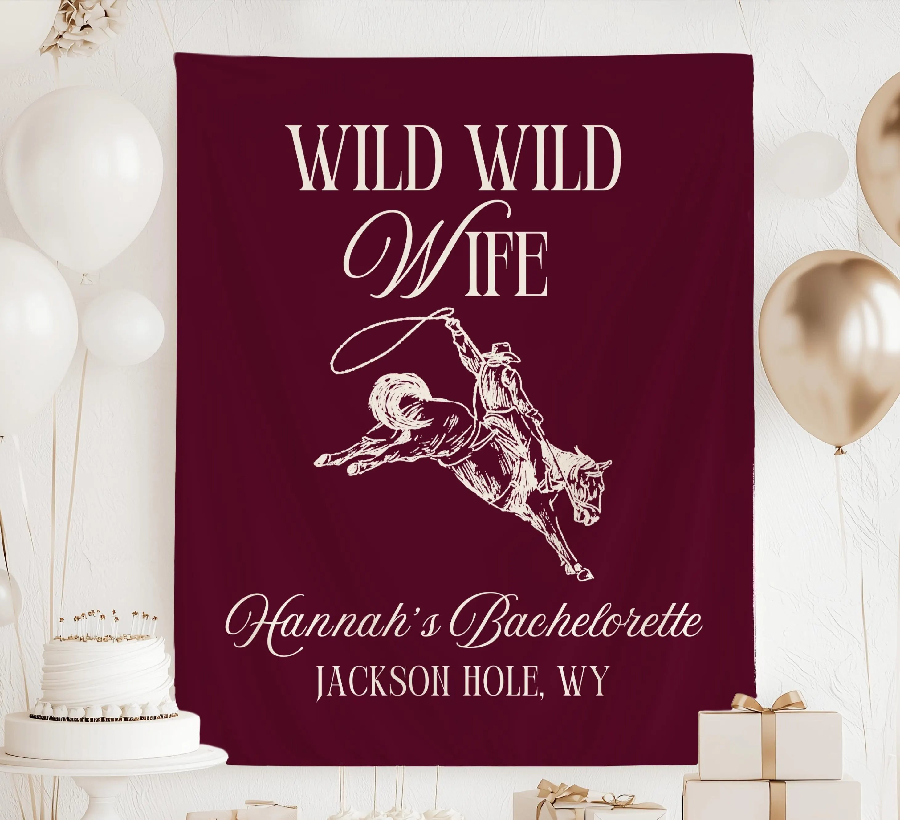 Personalized Wild Wild Wife banner featuring a vintage bucking bronco and western inspired bachelorette party design.
