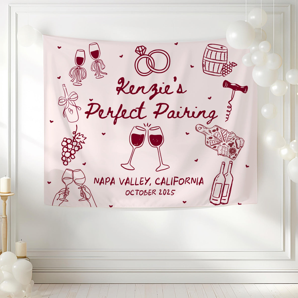 Custom wine tasting bachelorette party backdrop for Napa Valley girls trip