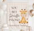 Personalized You Bet Giraffe I'm One birthday banner with custom name for a funny first birthday party