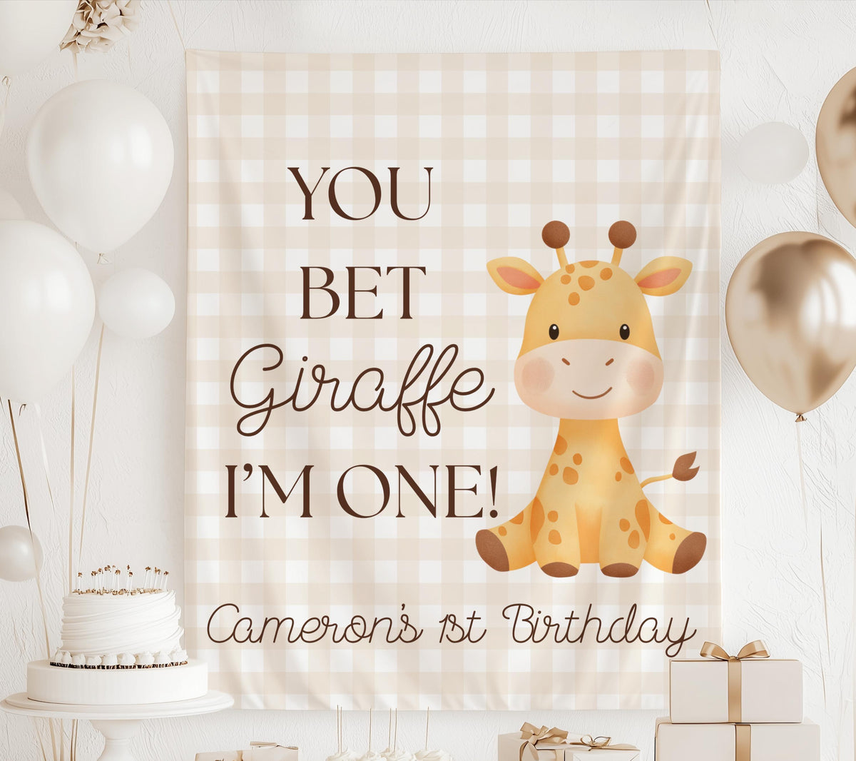 Personalized You Bet Giraffe I'm One birthday banner with custom name for a funny first birthday party