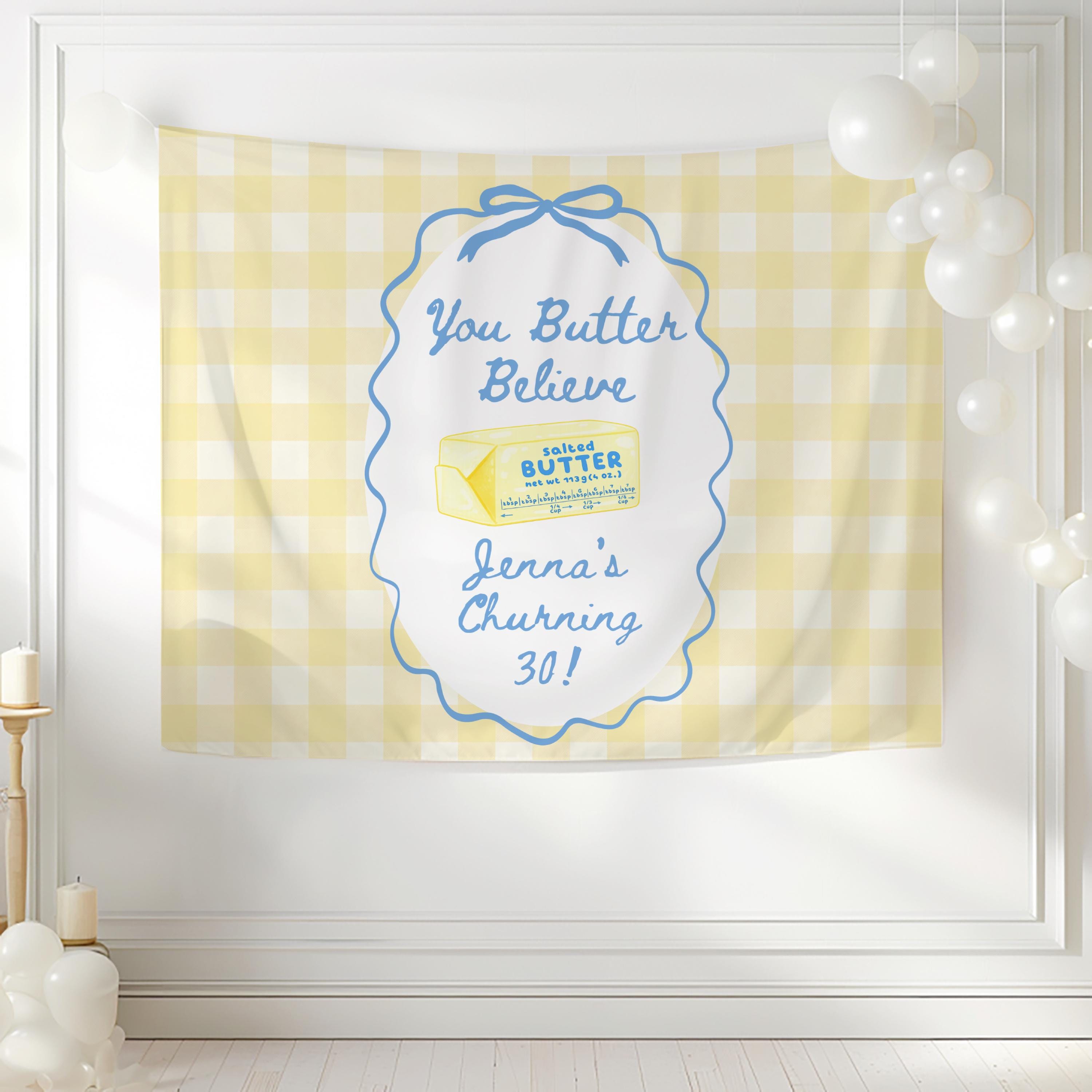 Personalized butter themed birthday banner with custom name age and celebration text
