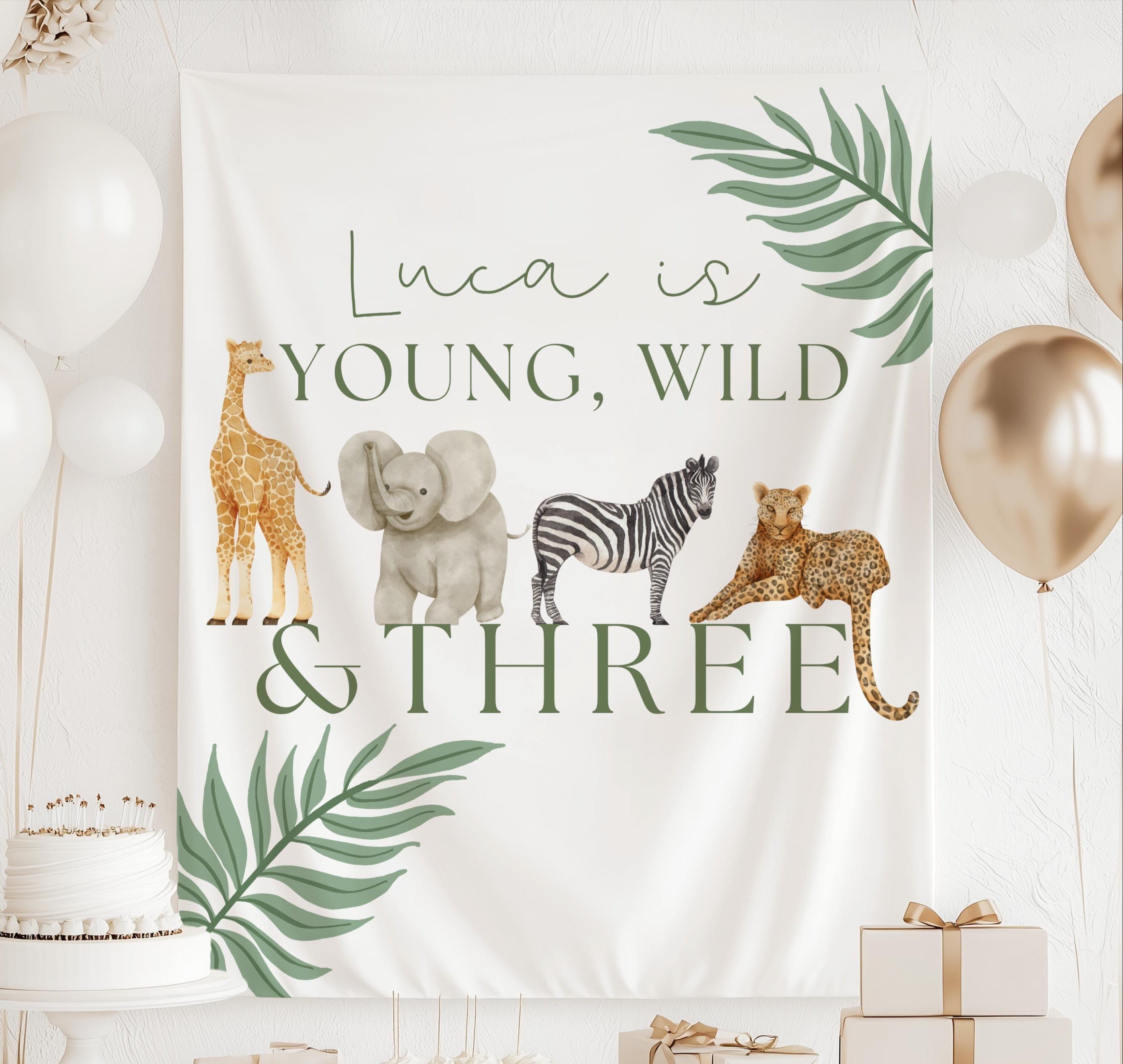 Personalized Young, Wild & Three birthday banner featuring safari animals, tropical palm leaves and custom third birthday party decor.