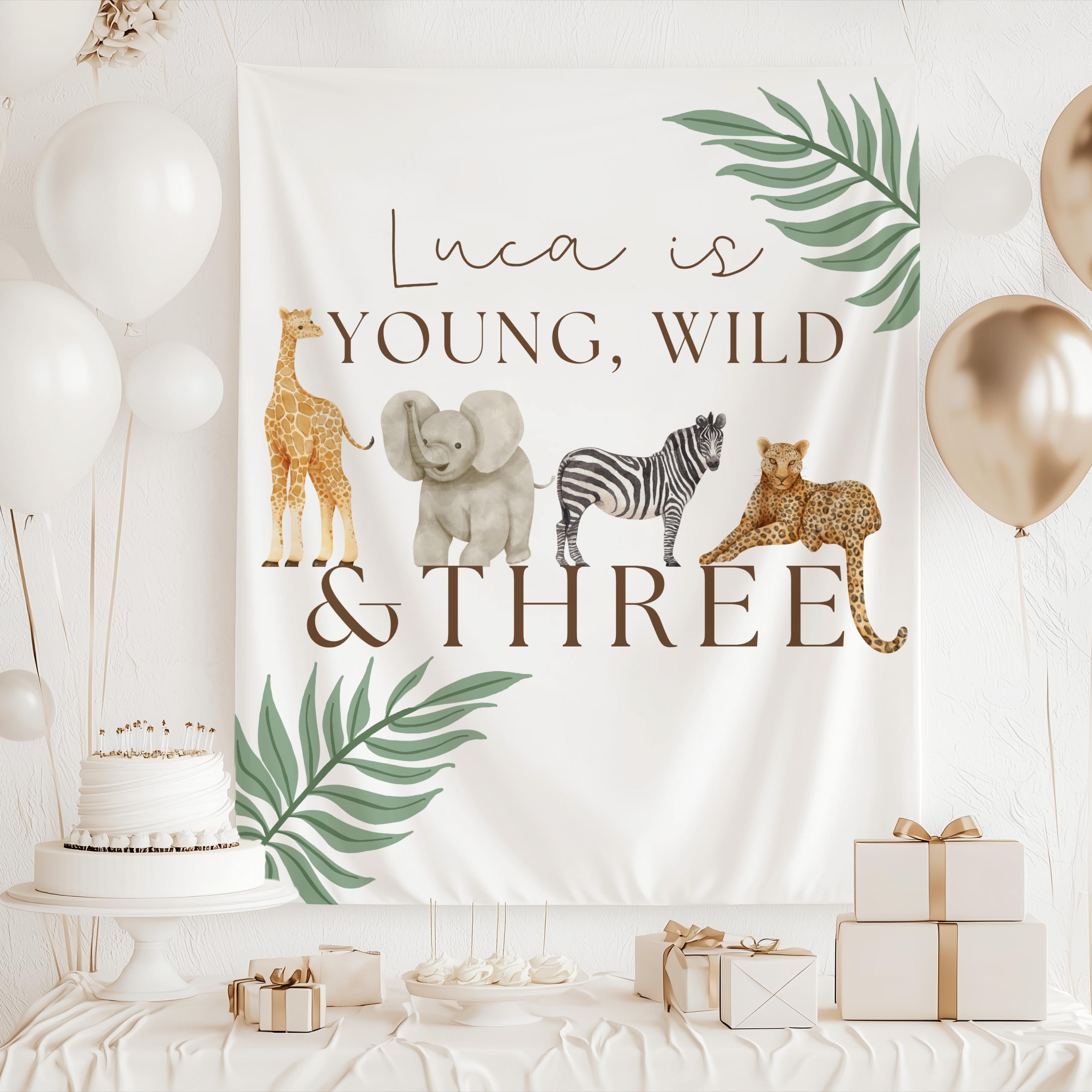 Custom safari third birthday banner with giraffe, elephant, zebra and cheetah illustrations for a jungle themed birthday celebration.